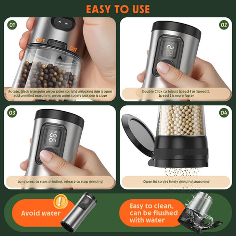 TIME4DEALS electric salt pepper grinder set with bright light for accurate grinding in dim spaces.