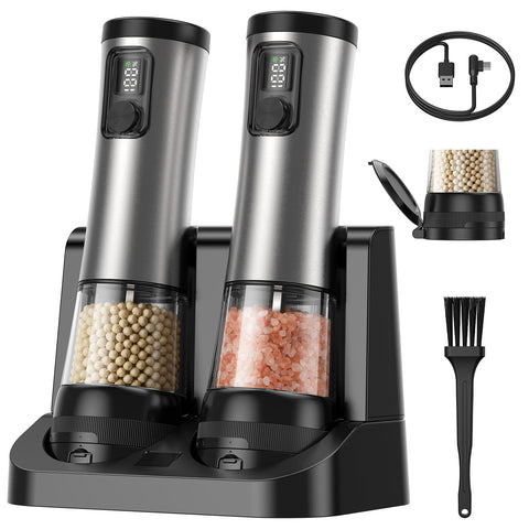 TIME4DEALS electric salt pepper grinder set with adjustable coarseness knob for precise seasoning control.