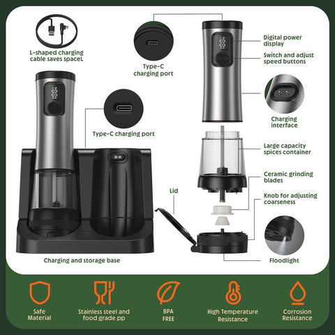 TIME4DEALS electric salt pepper grinder set displaying digital battery indicator for easy power check.