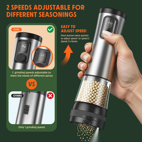 TIME4DEALS electric salt pepper grinder set showing one-touch grinding and clear 360° container.