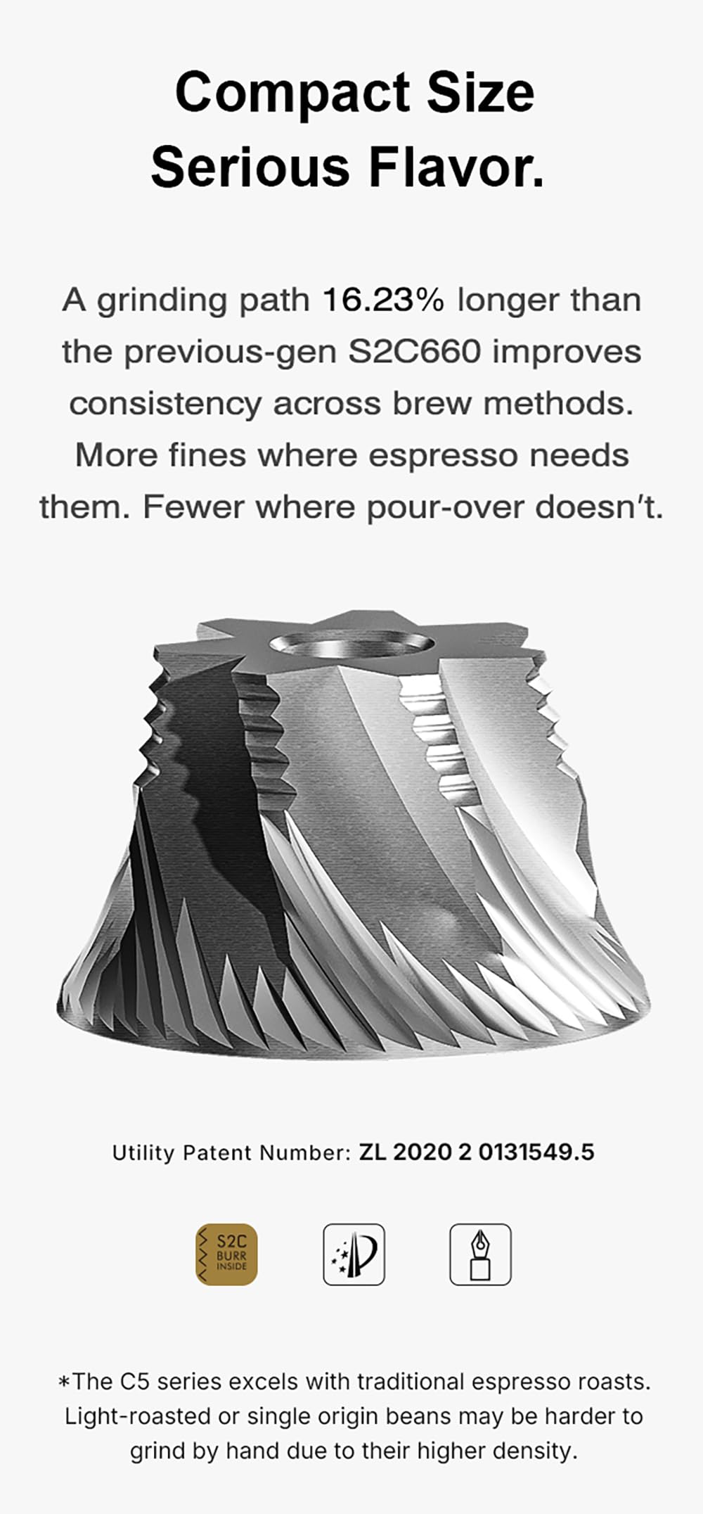 TIMEMORE C5 Pro burr detail highlights 42 mm stainless steel conical burrs.