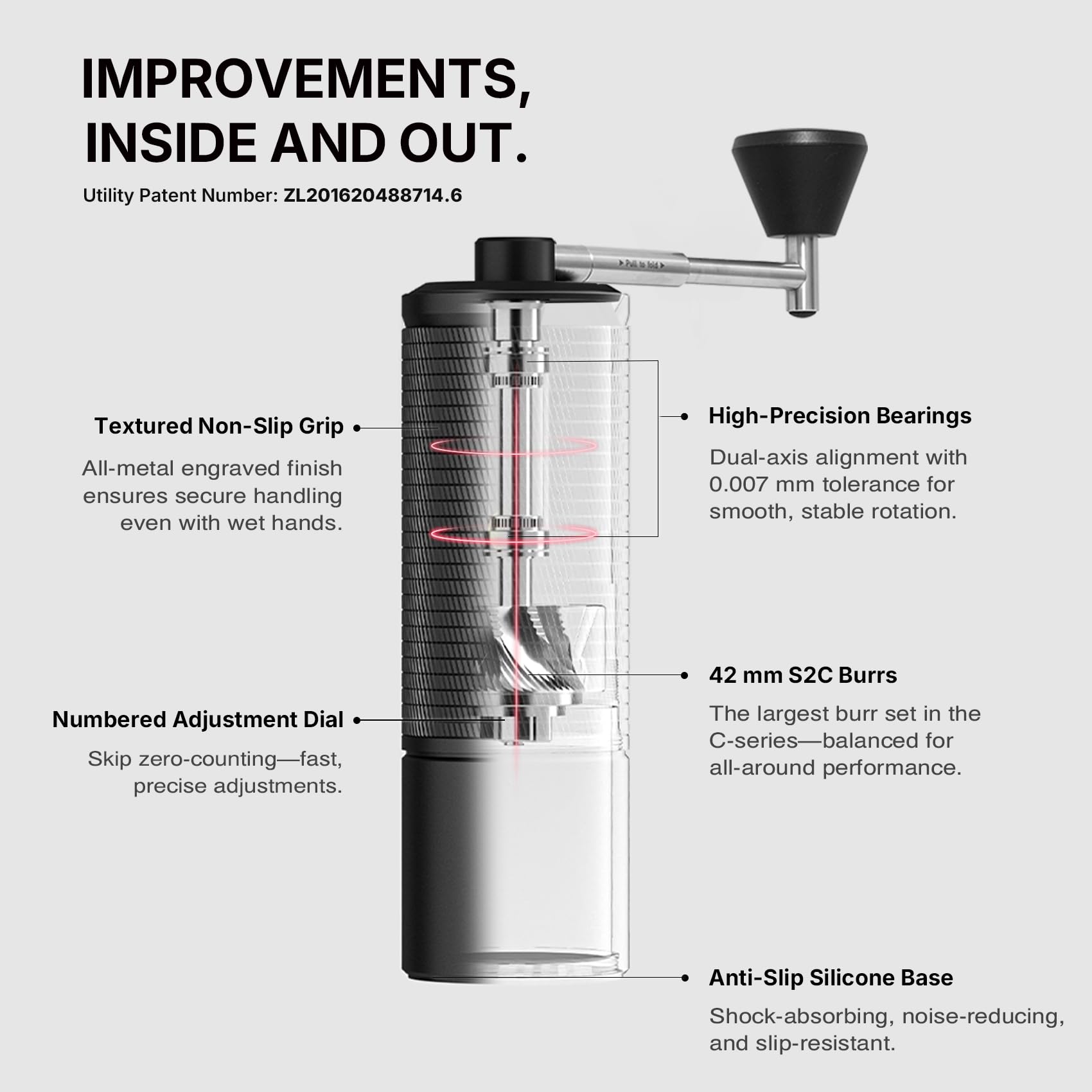 TIMEMORE C5 Pro ergonomic handle for comfortable grinding sessions.
