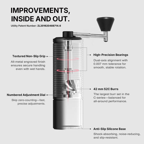 TIMEMORE C5 Pro ergonomic handle for comfortable grinding sessions.