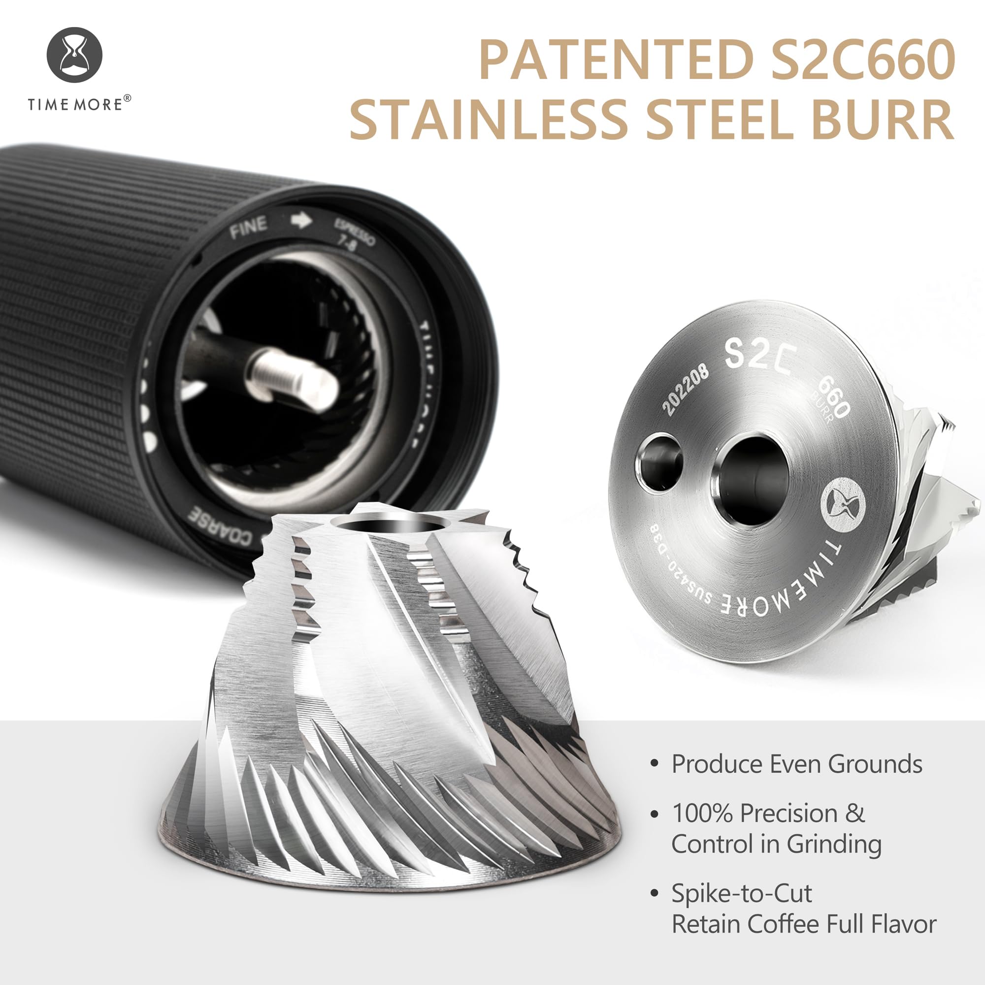 TIMEMORE Chestnut C3 ESP Pro burr closeup highlighting S2C660 stainless steel burrs.