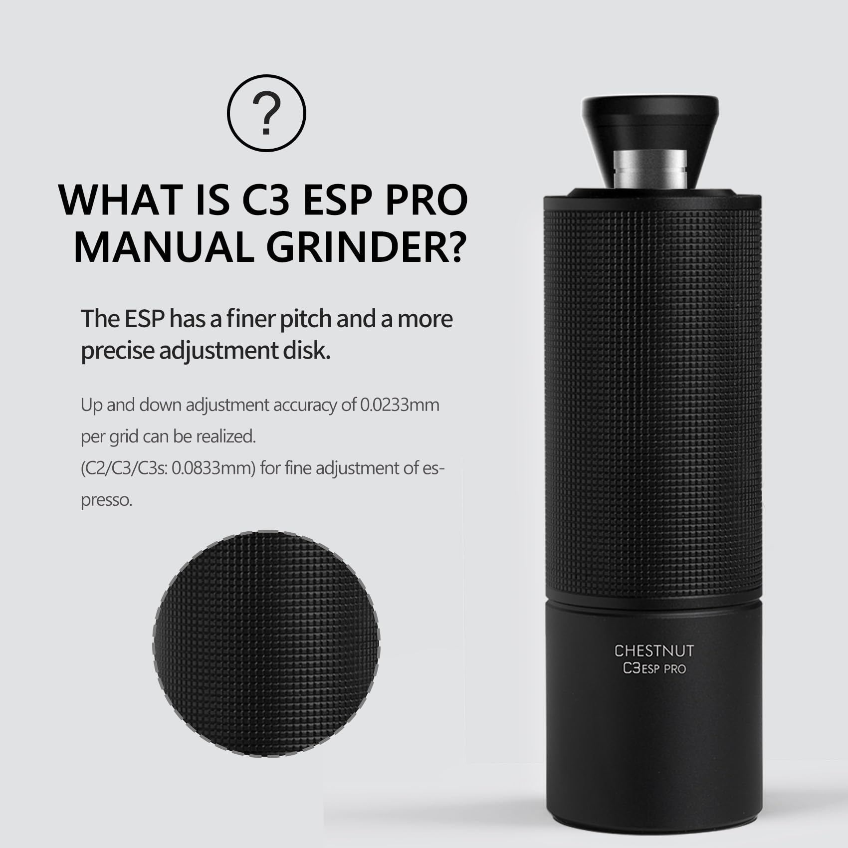 TIMEMORE Chestnut C3 ESP Pro compact body fits comfortably in hand.