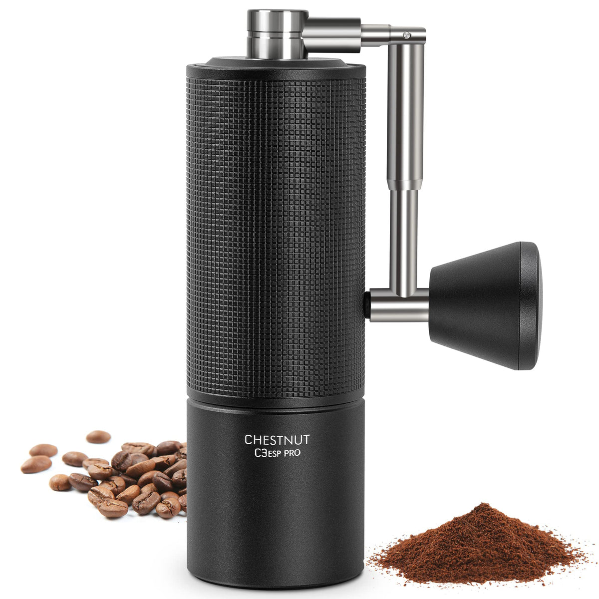 TIMEMORE Chestnut C3 ESP Pro front view showing portable manual grinder for precise espresso.