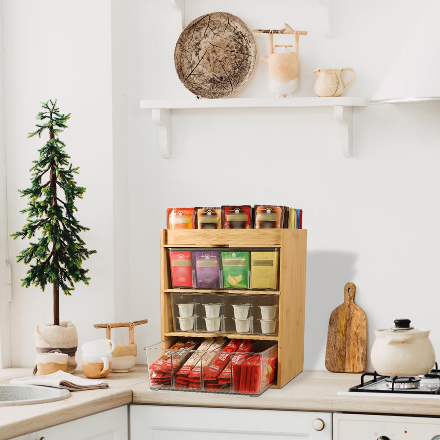 TIMIEEYA tea bags organized on shelf for versatile placement