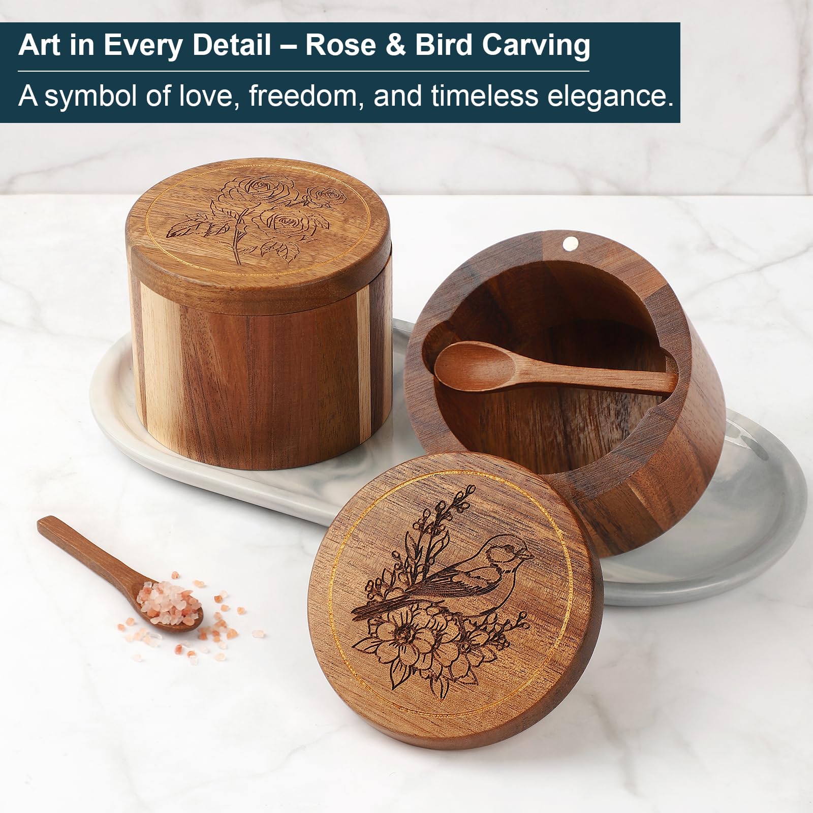 Timtopno acacia wood salt box closeup showcases unique grain and durable construction