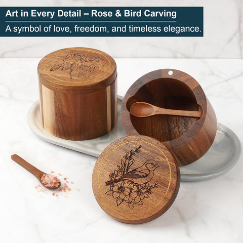 Timtopno acacia wood salt box closeup showcases unique grain and durable construction