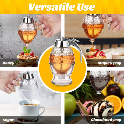 Timtopno honeycomb glass bottle pours maple syrup or honey without dripping.
