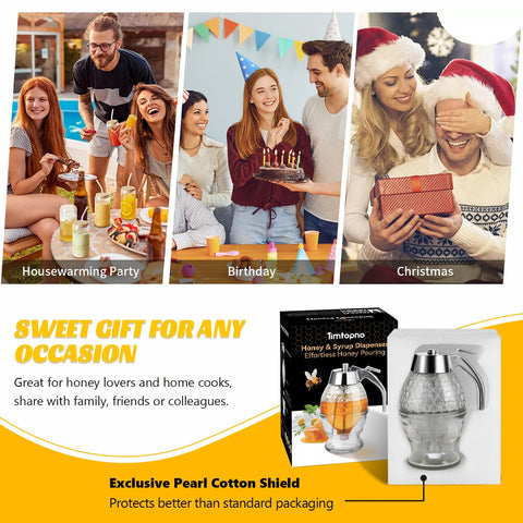 Timtopno gift-ready honey dispenser ideal for housewarmings and holidays.