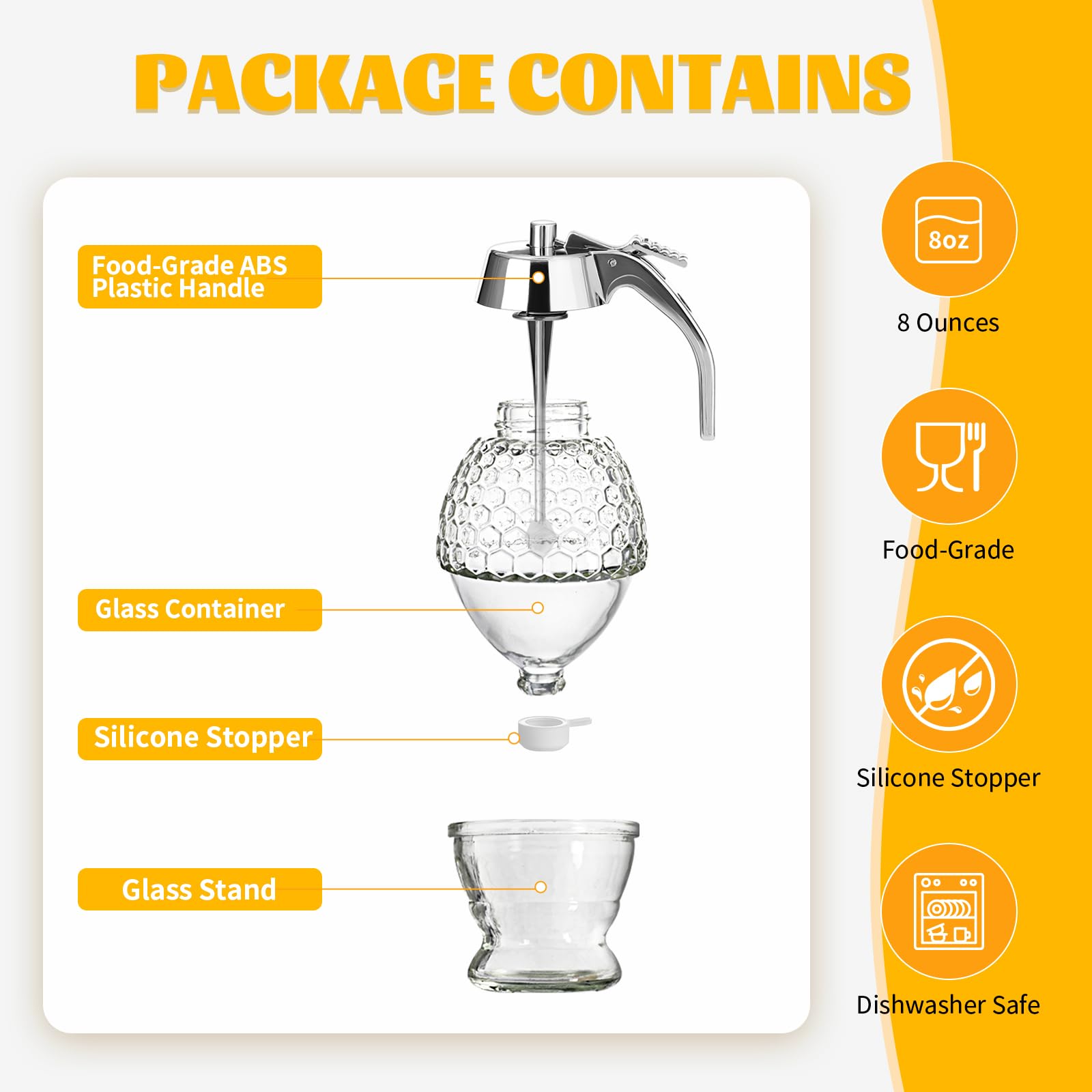Timtopno honey dispenser features an airtight stopper to keep honey fresh.