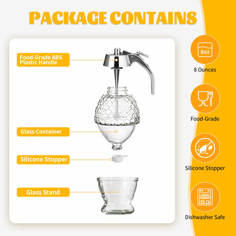 Timtopno honey dispenser features an airtight stopper to keep honey fresh.