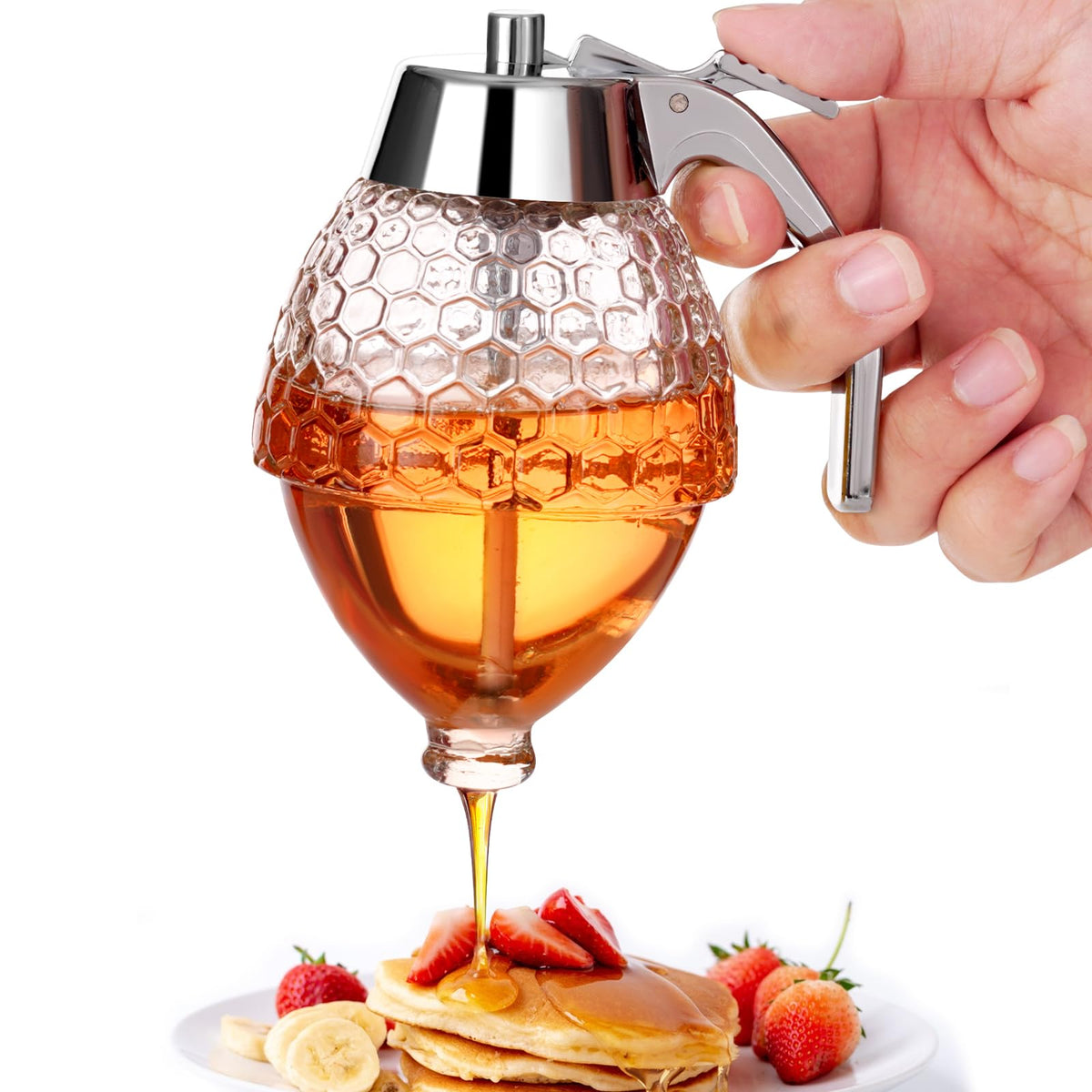 Timtopno honey dispenser with no-drip pour on a stand for mess-free serving.