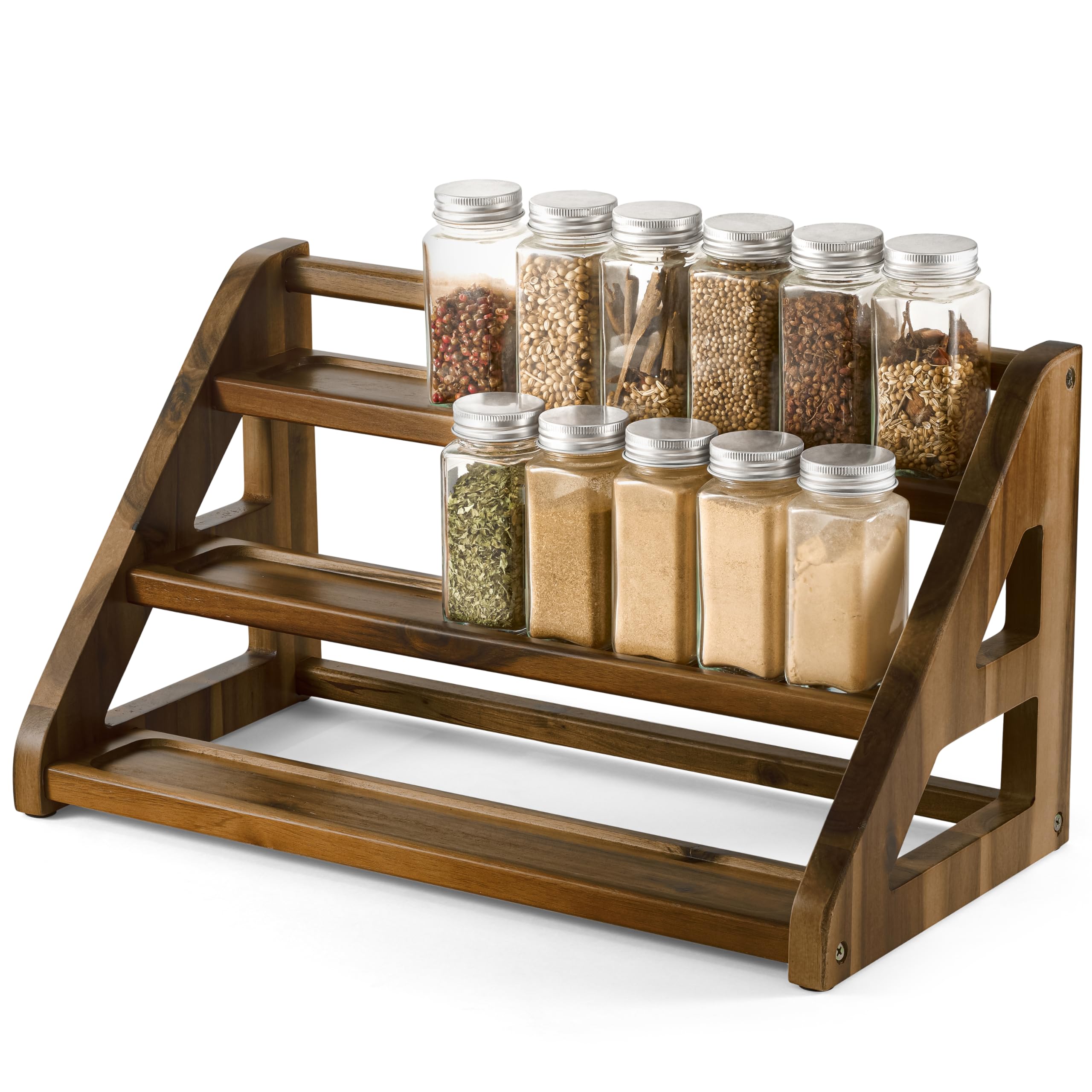 Tinamo Acacia spice rack on countertop keeps spices within reach for easy cooking