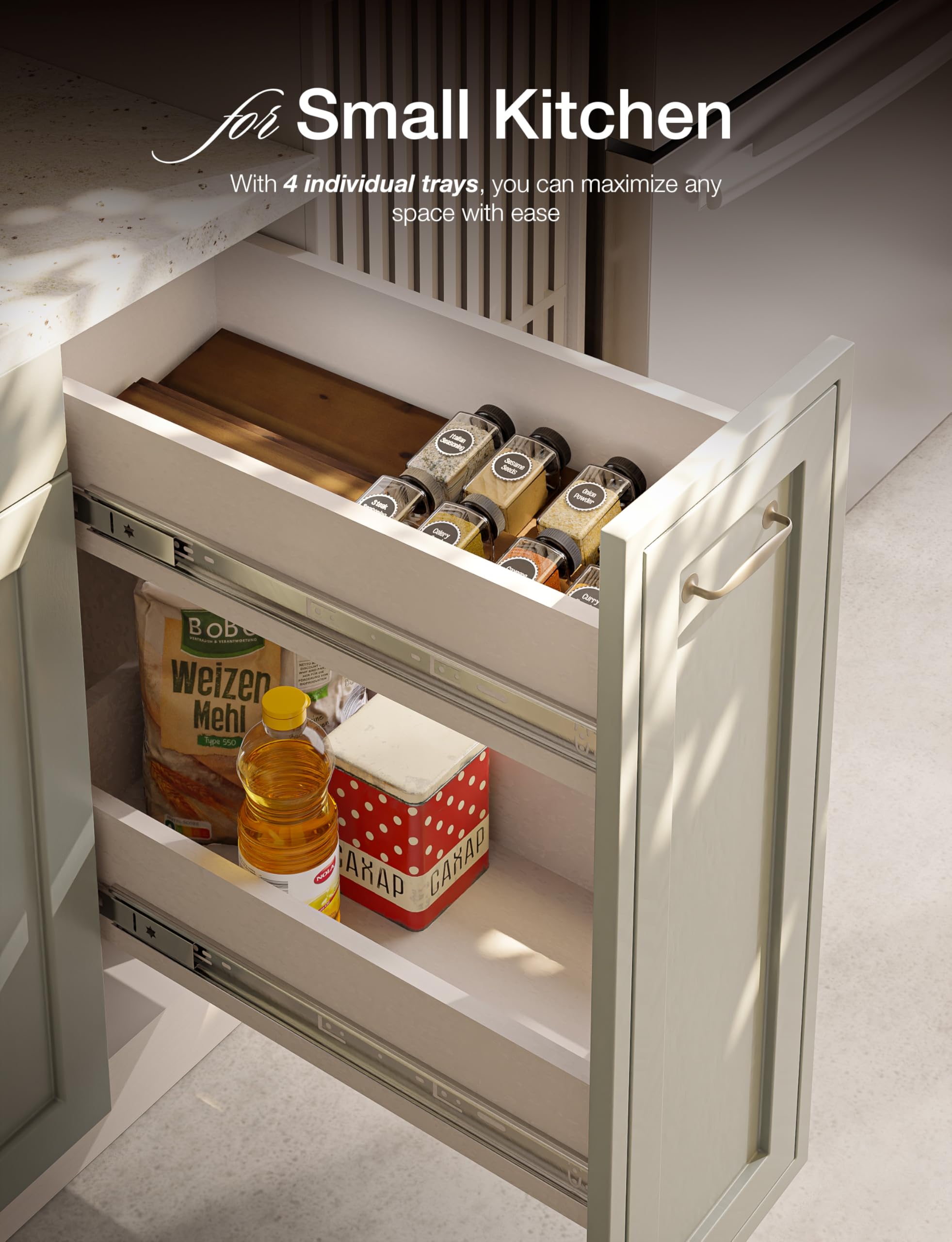 Easy to wipe clean Tinamo spice rack in wood finish