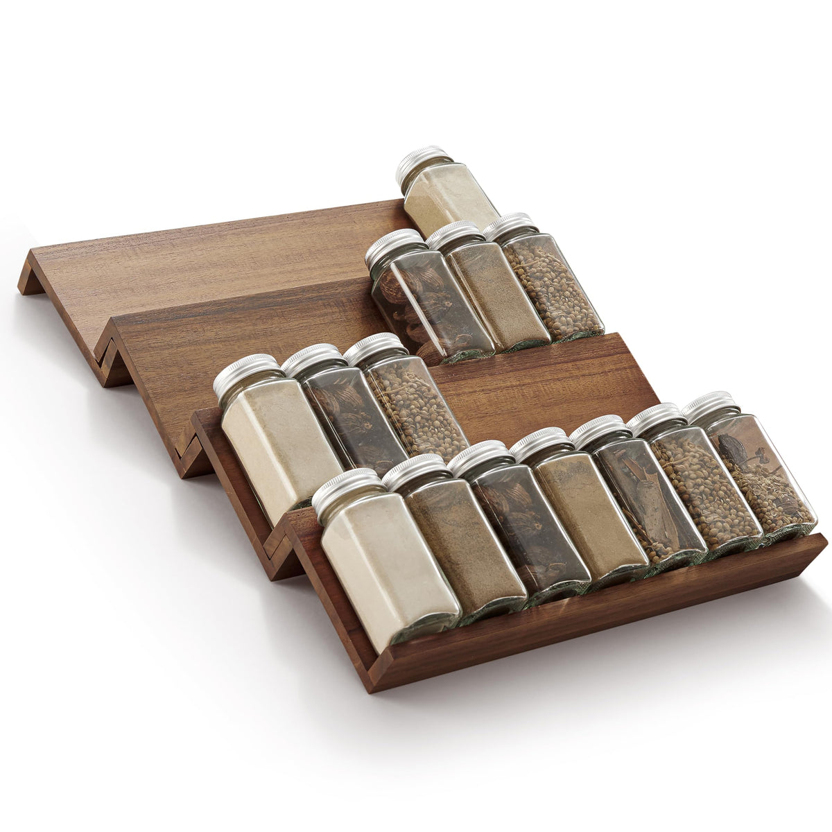 Tinamo Acacia spice rack in a wide drawer for organized storage