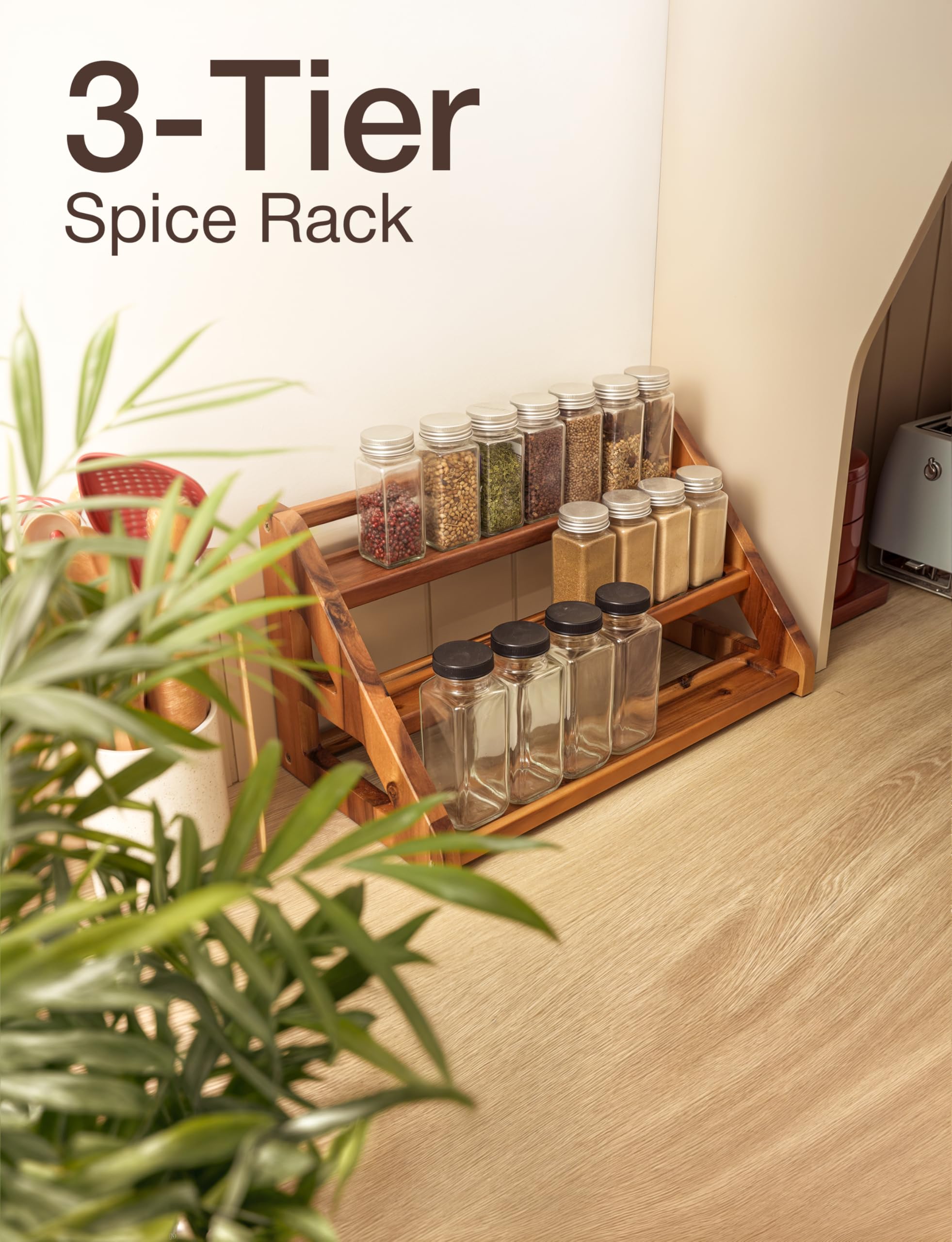 Tinamo acacia spice rack keeps jars steady on countertops and shelves.
