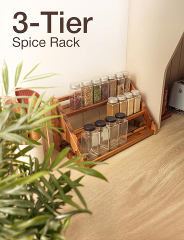 Tinamo acacia spice rack keeps jars steady on countertops and shelves.