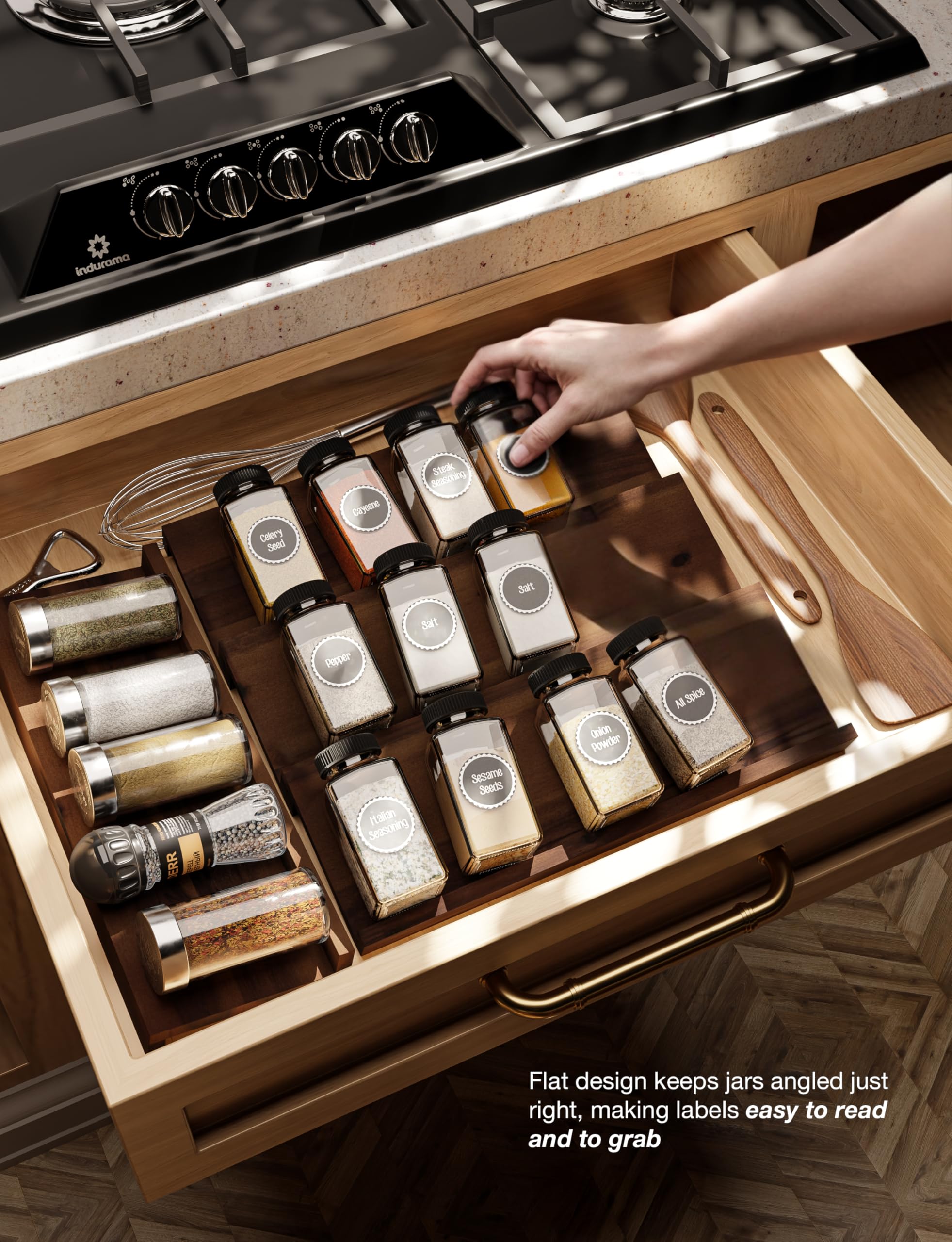 Acacia wood grain spice rack highlighting natural warmth