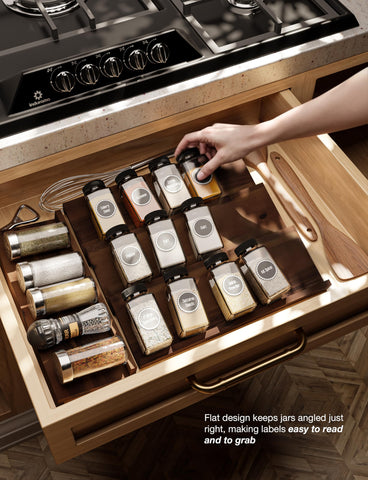 Acacia wood grain spice rack highlighting natural warmth