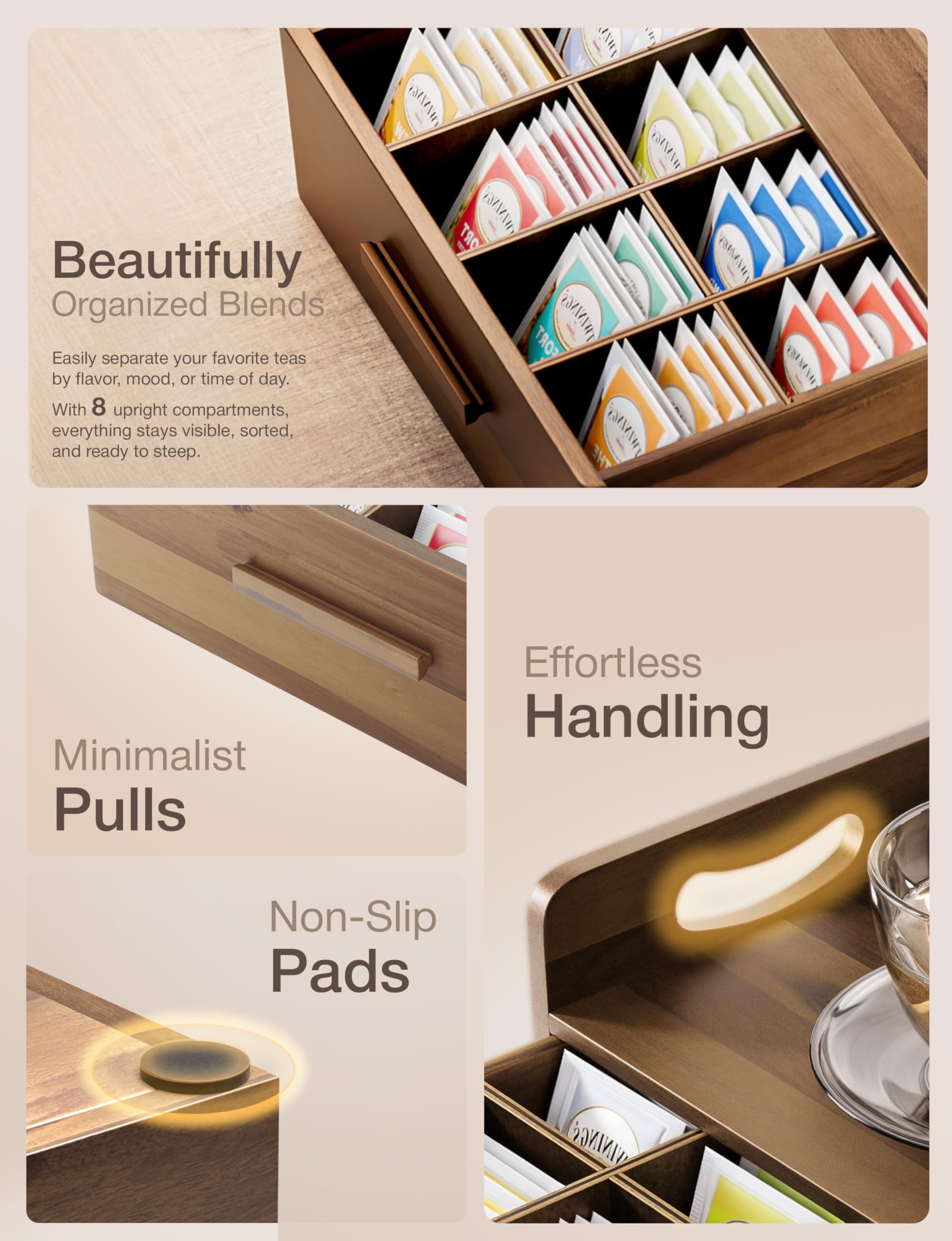 Tinamo acacia tea box eight-compartments layout helps sort by type