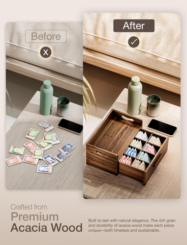 Tinamo acacia tea box base with non slip pads for stable countertop use