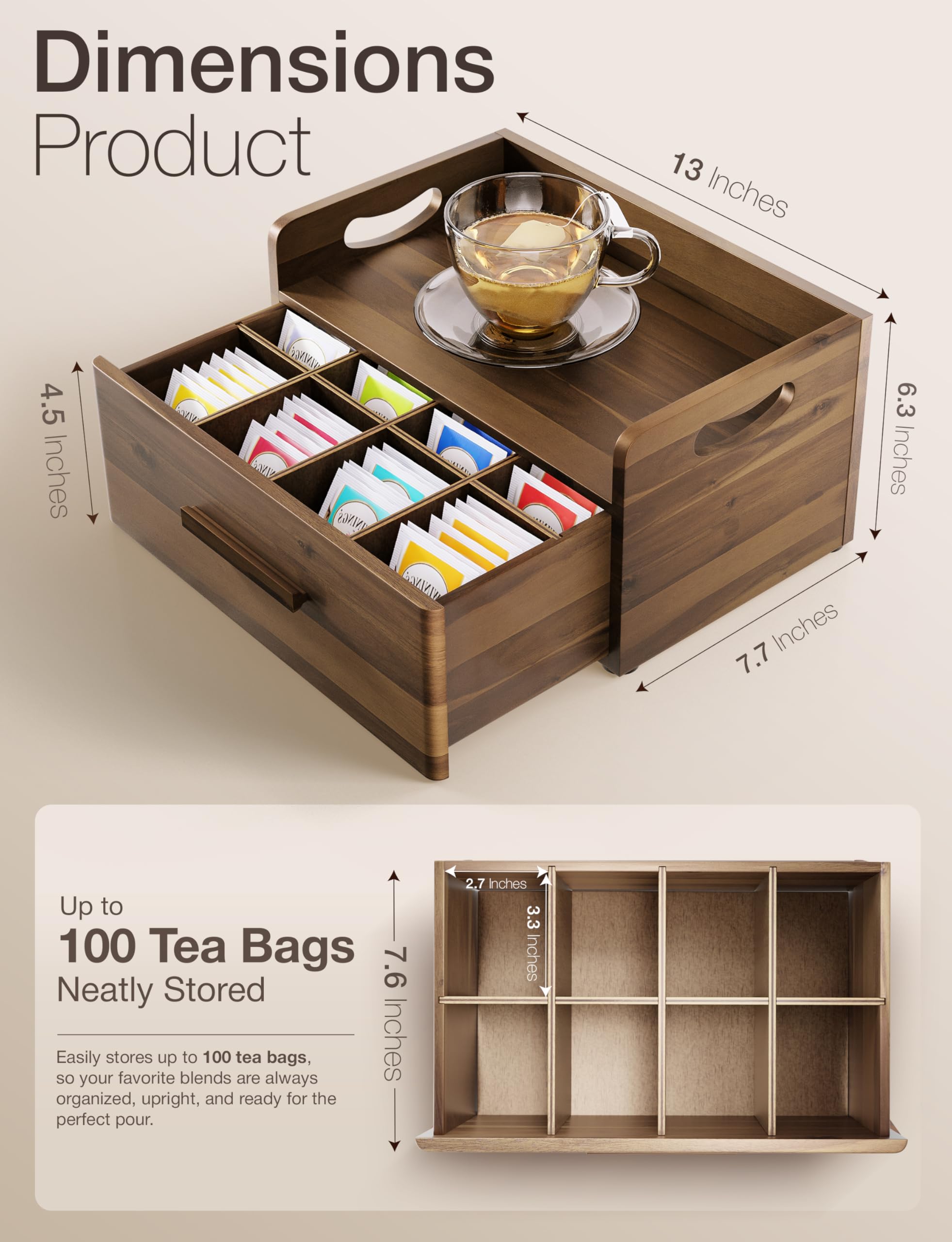 Tinamo acacia tea box drawer open showing easy access to tea bags