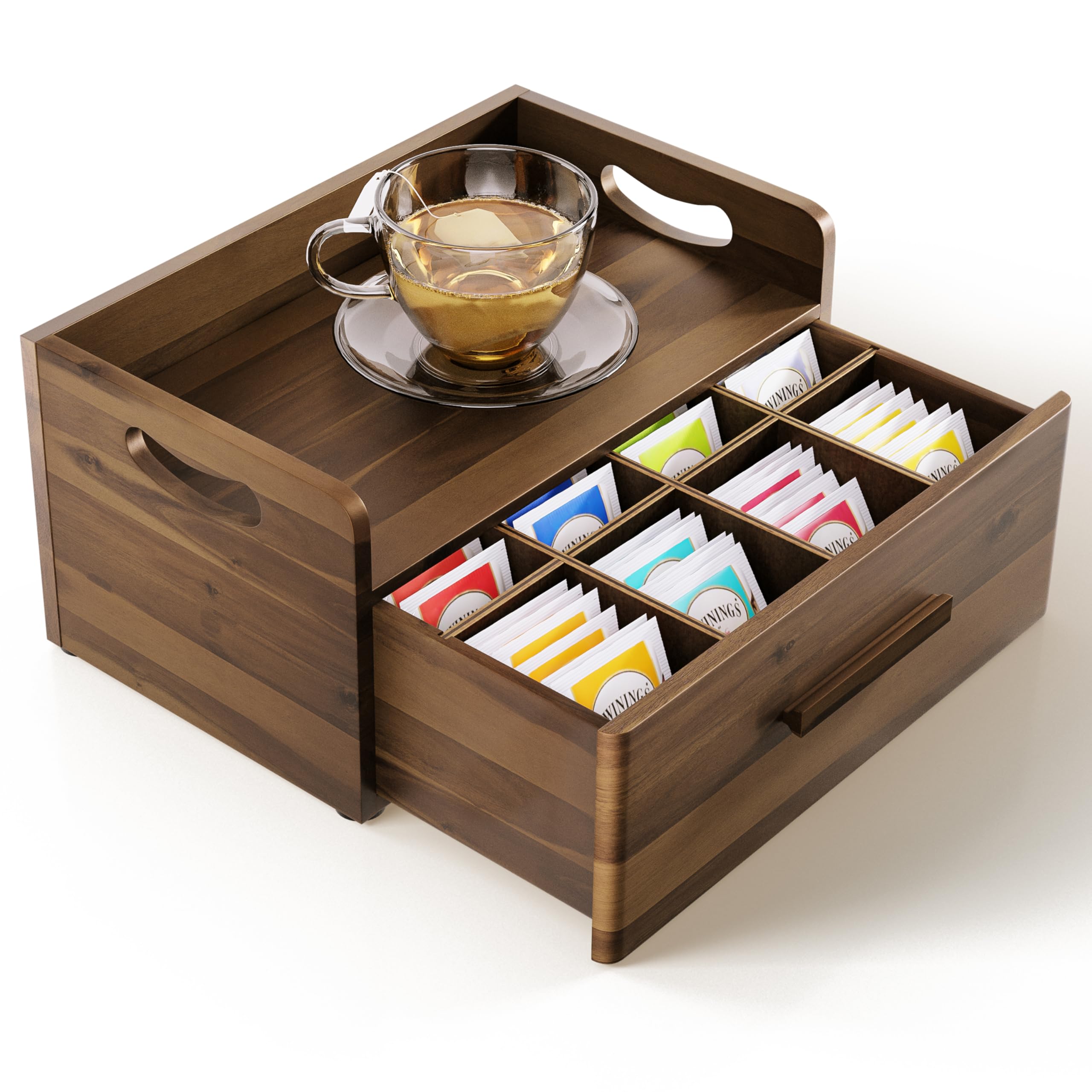 Tinamo acacia tea box front view with walnut finish ideal for a tidy tea station