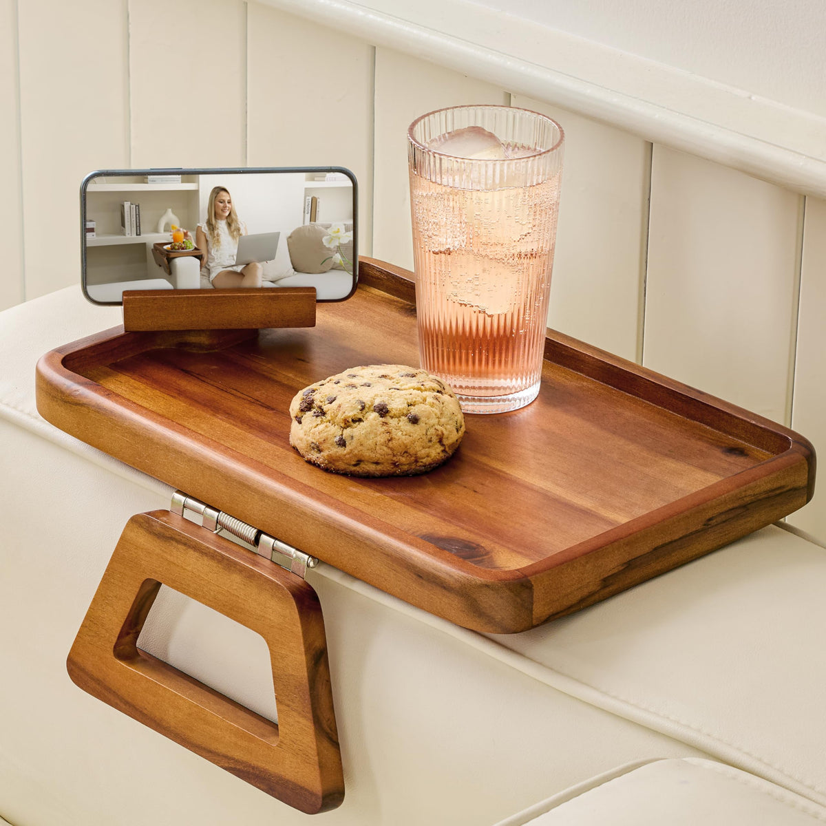 Tinamo Acacia Wood Sofa Armrest Tray on a wide couch, ideal for convenient snacking.