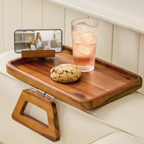 Tinamo Acacia Wood Sofa Armrest Tray on a wide couch, ideal for convenient snacking.