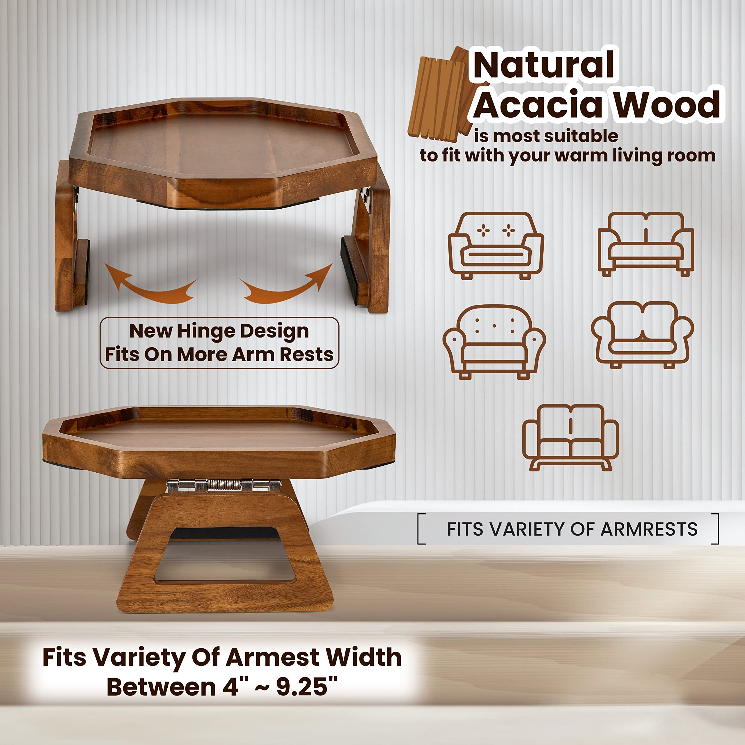 Tinamo Acacia tray features wide-leg support for a stable surface during snacks.