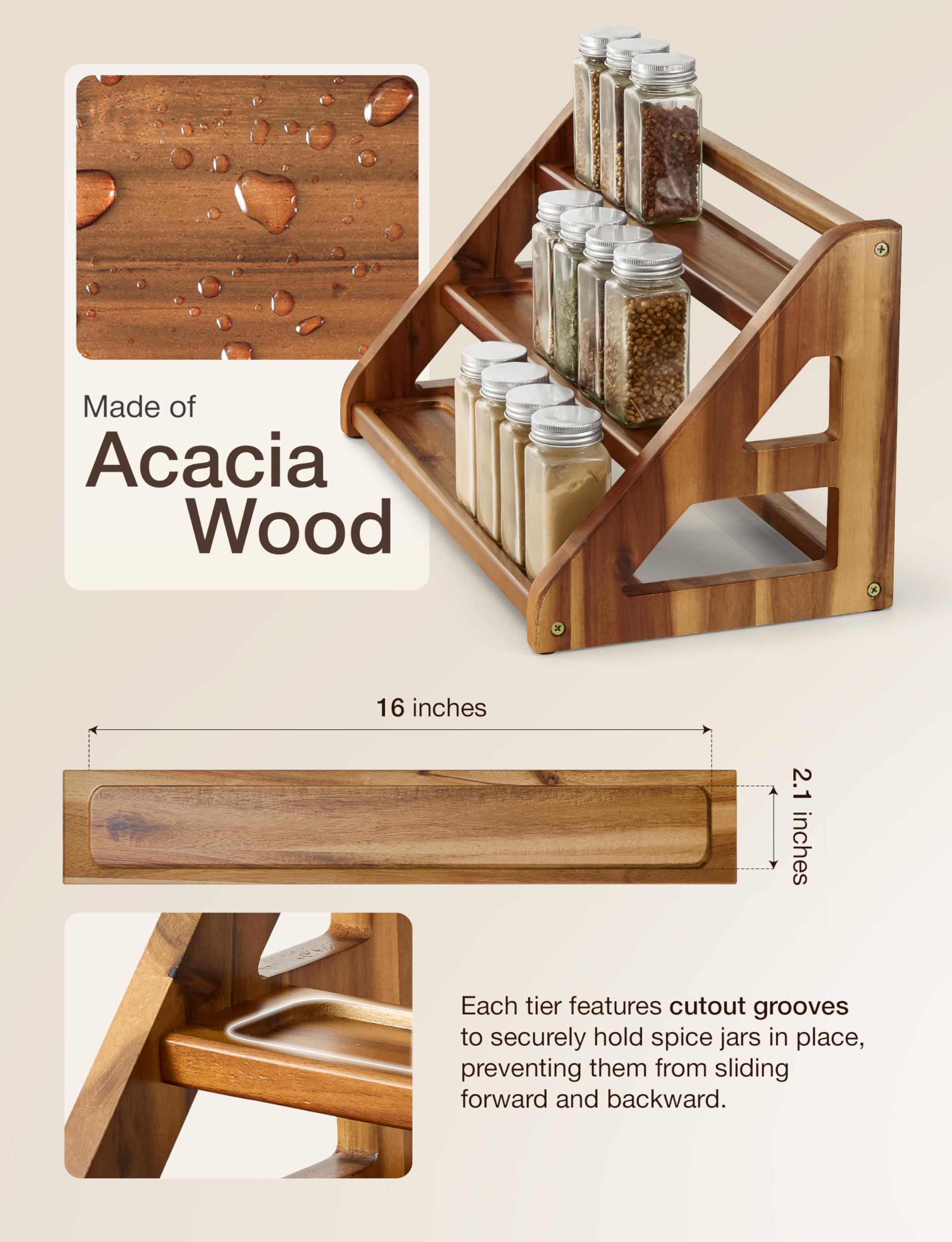 Tinamo acacia wood spice rack tiers organized in cabinet for tidy pantry storage.