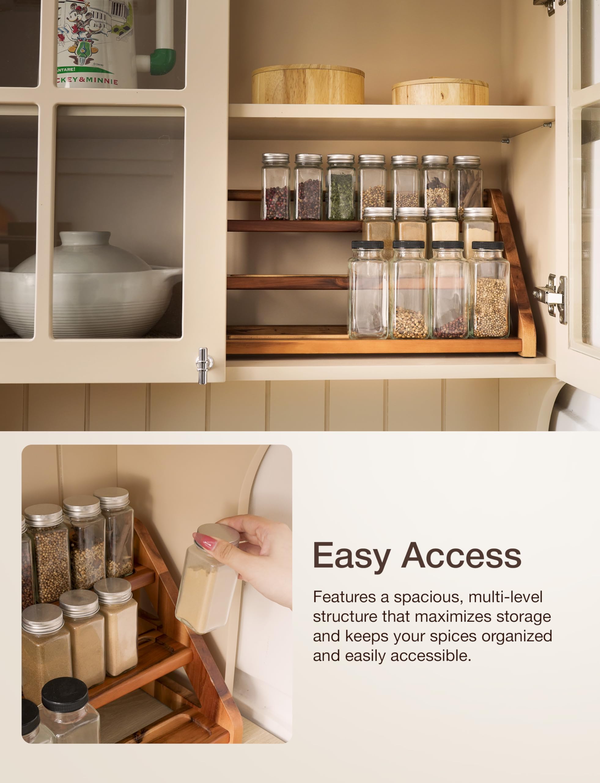 Tinamo acacia wood tray for pantry essentials and baking supplies.