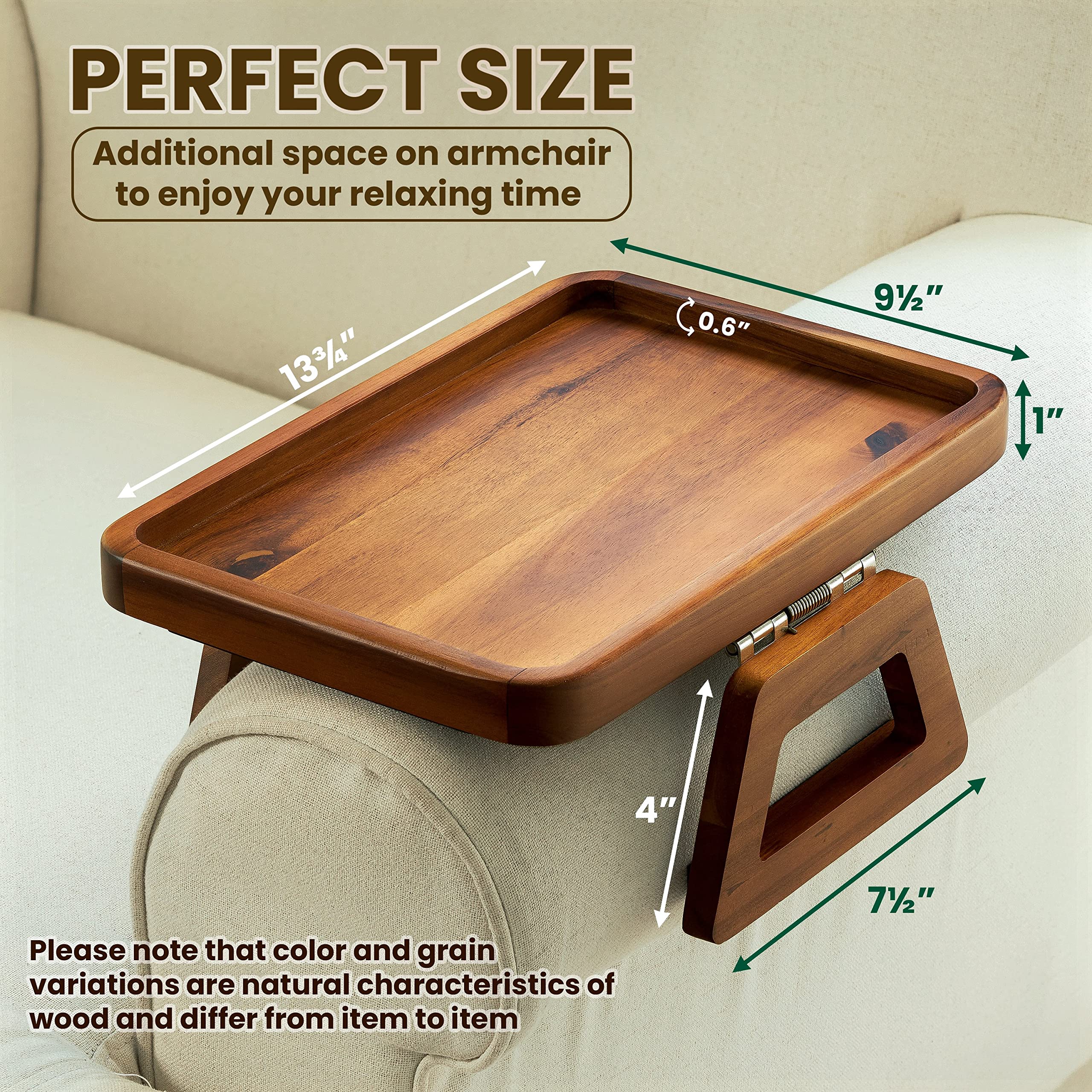 Tinamo arm table with foldable legs ready for serving on the sofa arm.
