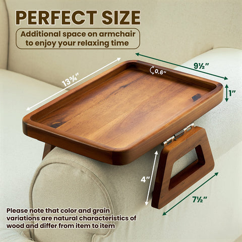 Tinamo arm table with foldable legs ready for serving on the sofa arm.