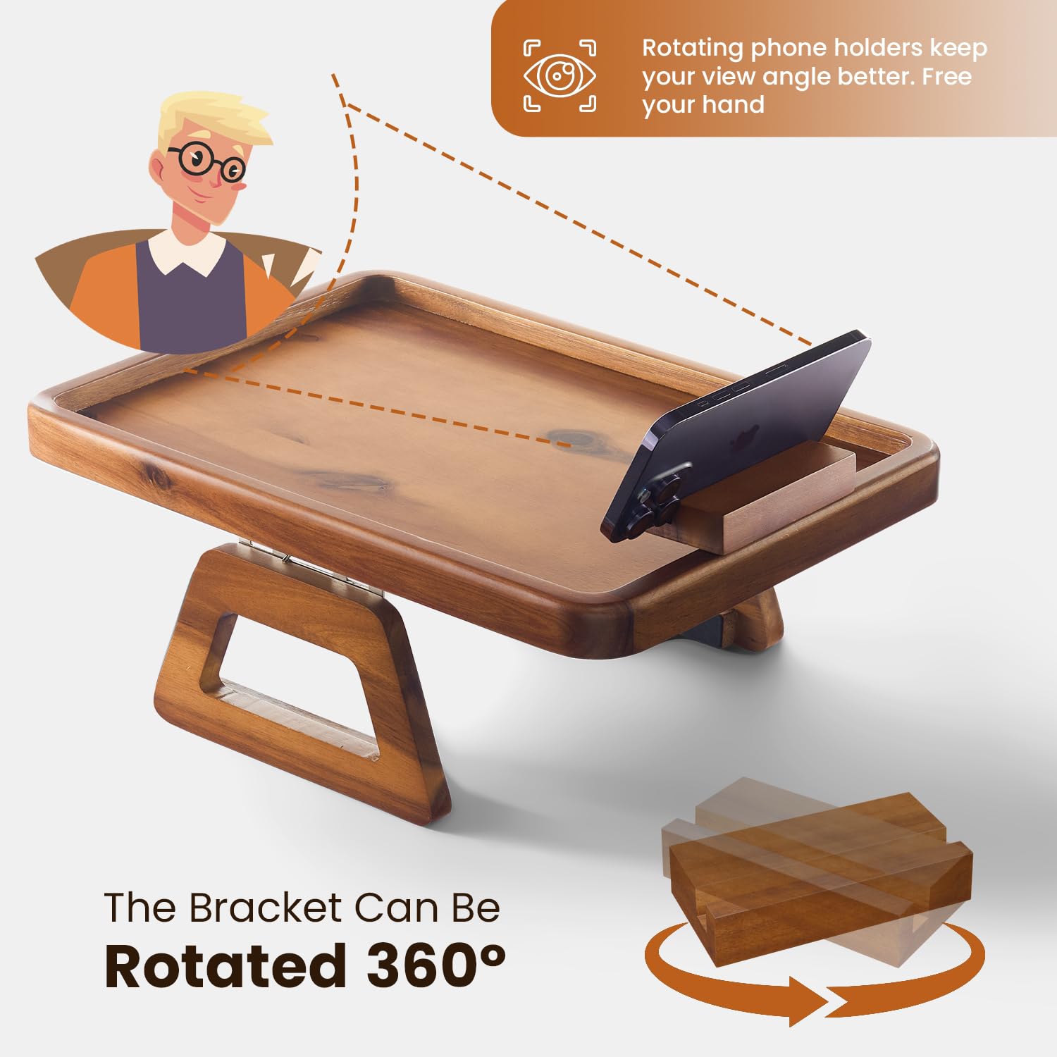 Detachable adjustable phone holder on Tinamo arm table for angled viewing