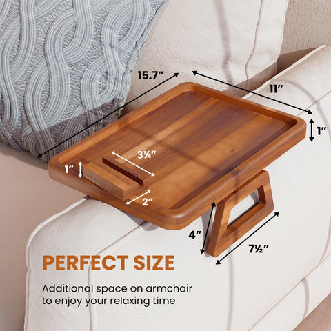 Large sofa arm tray from Tinamo providing ample surface for snacks and devices