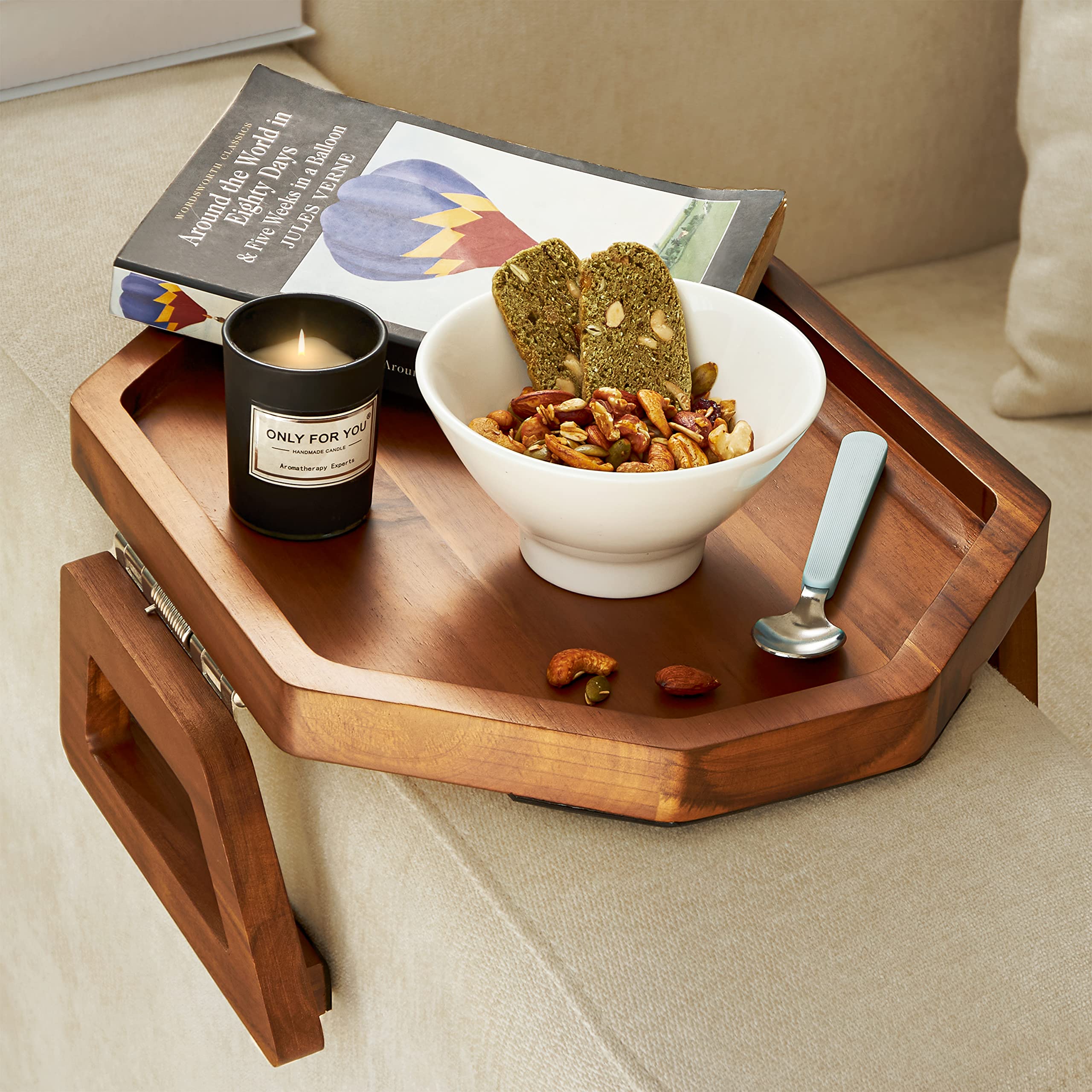 Tinamo Octagonal Acacia Sofa Arm Tray clips securely for steady meals on the couch.