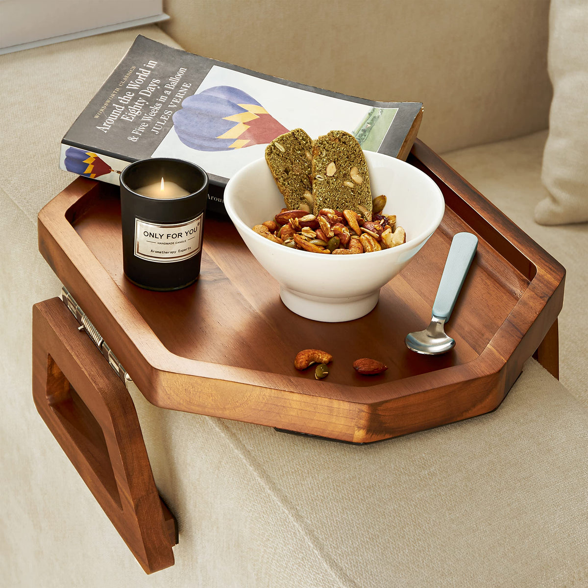 Tinamo Octagonal Acacia Sofa Arm Tray clips securely for steady meals on the couch.