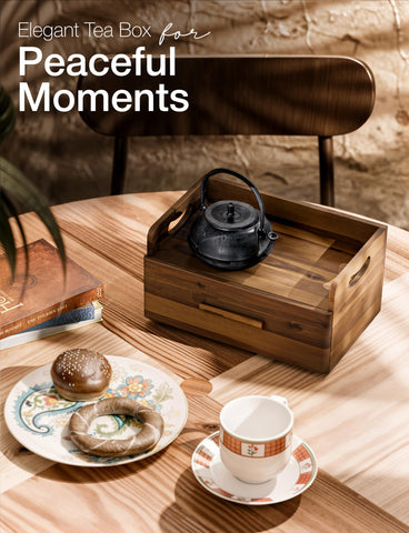 Tinamo acacia tea box on kitchen counter showcasing organization and design