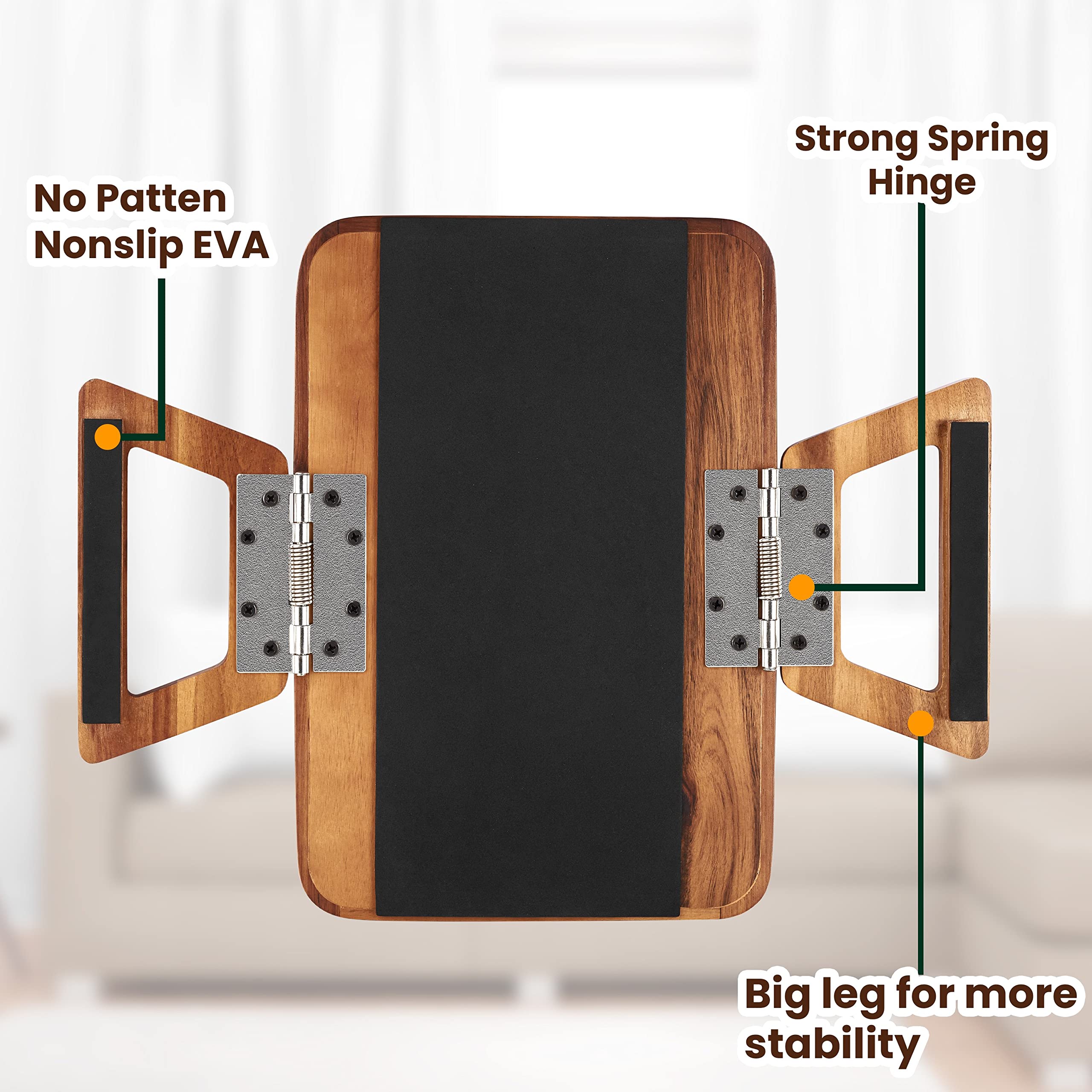 Tinamo compact sofa arm tray shown with spring-loaded hinges for stability.