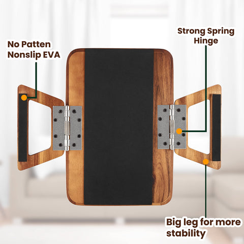 Tinamo compact sofa arm tray shown with spring-loaded hinges for stability.