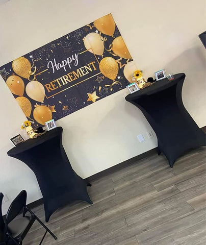 Tina's fitted black cover enhances venue decor with a sleek silhouette.