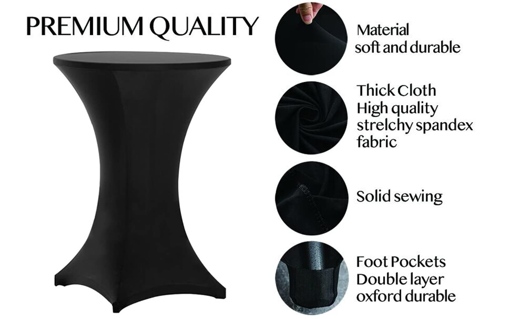 Tina's spandex tablecloth with reinforced leg pockets keeps a professional drape.