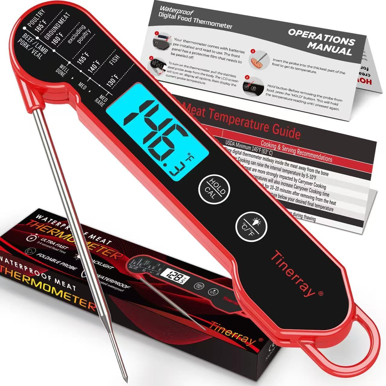 Tinerray digital meat thermometer with folding probe for compact storage