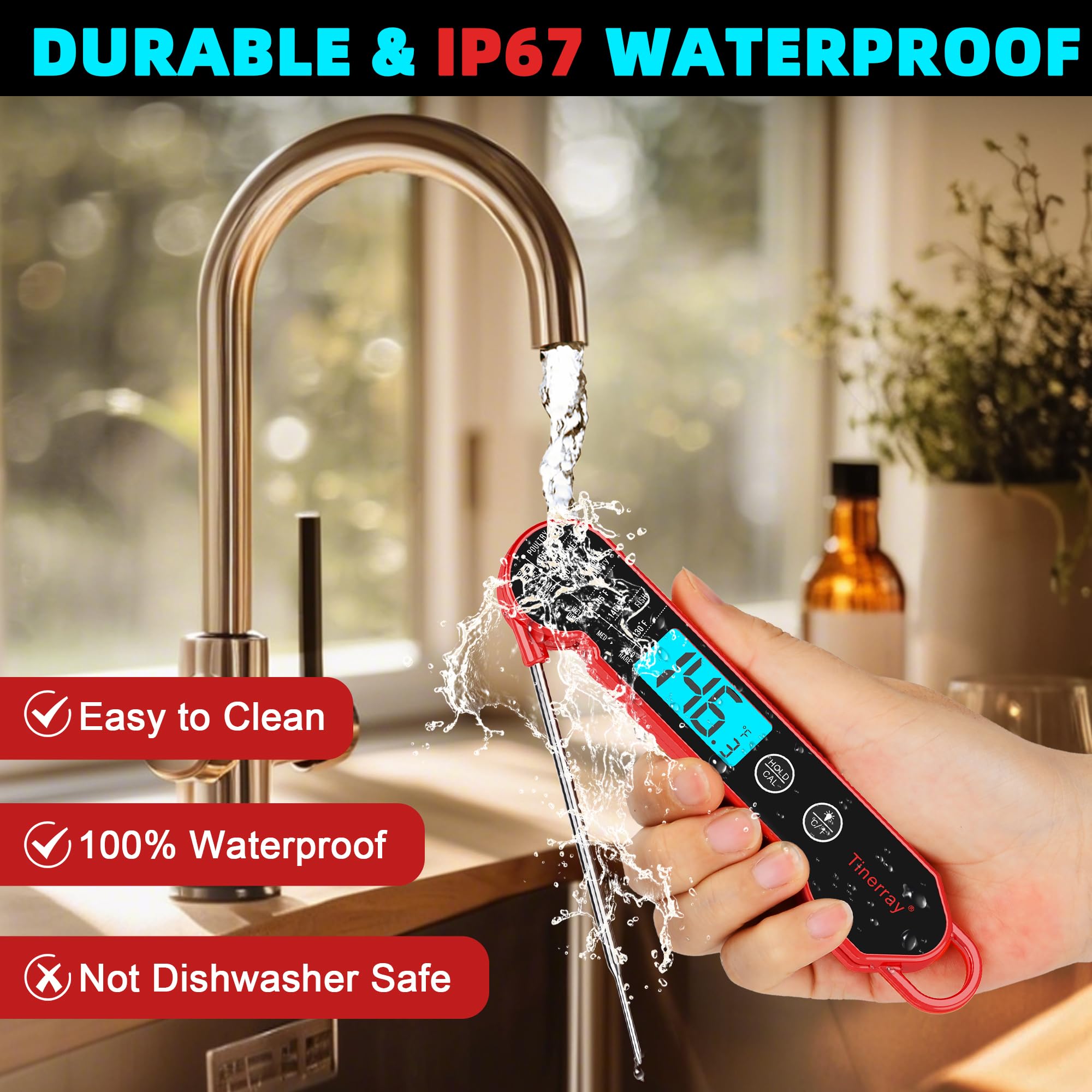 Tinerray IP67 waterproof thermometer easy to rinse after cooking