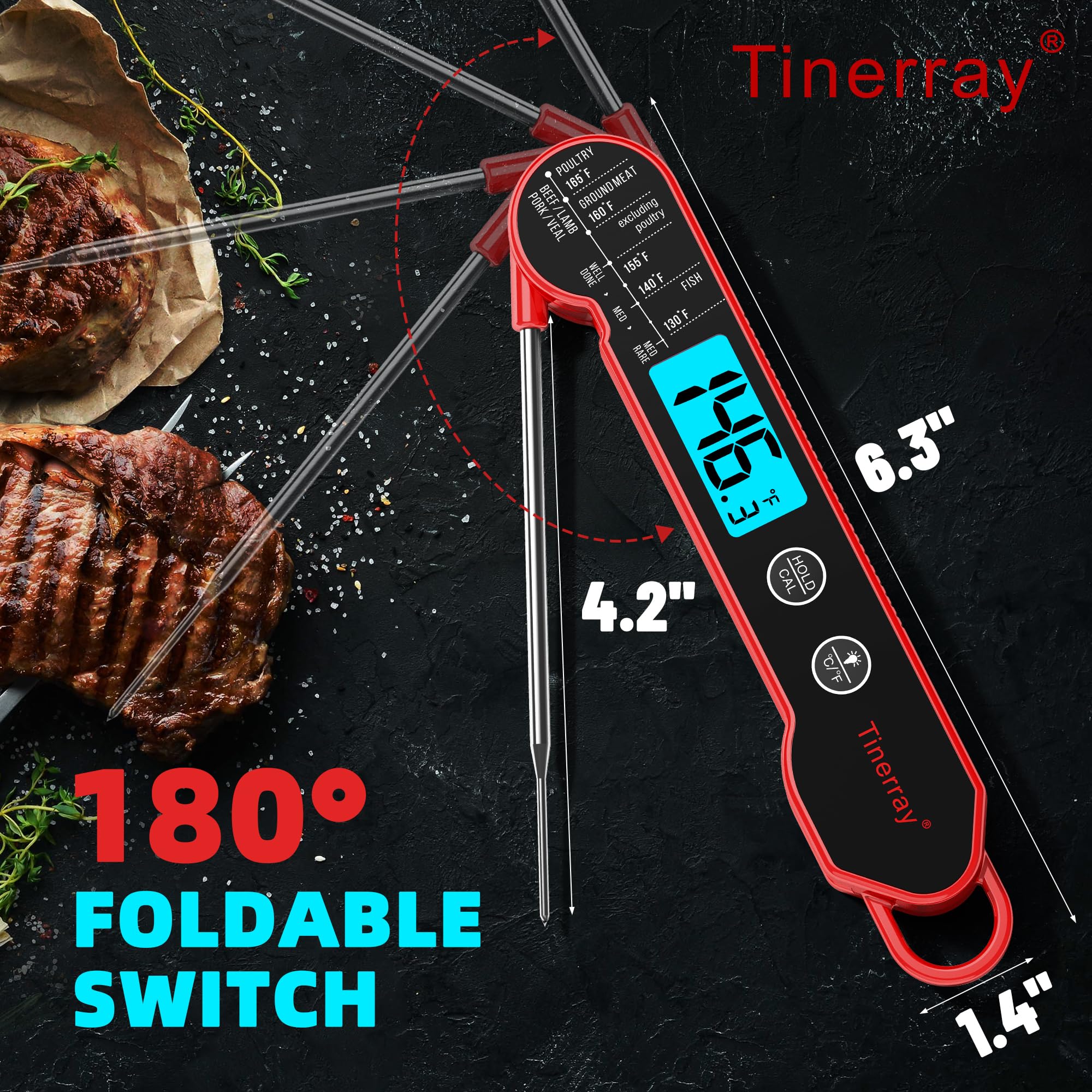 Tinerray thermometer with large backlit display for night visibility