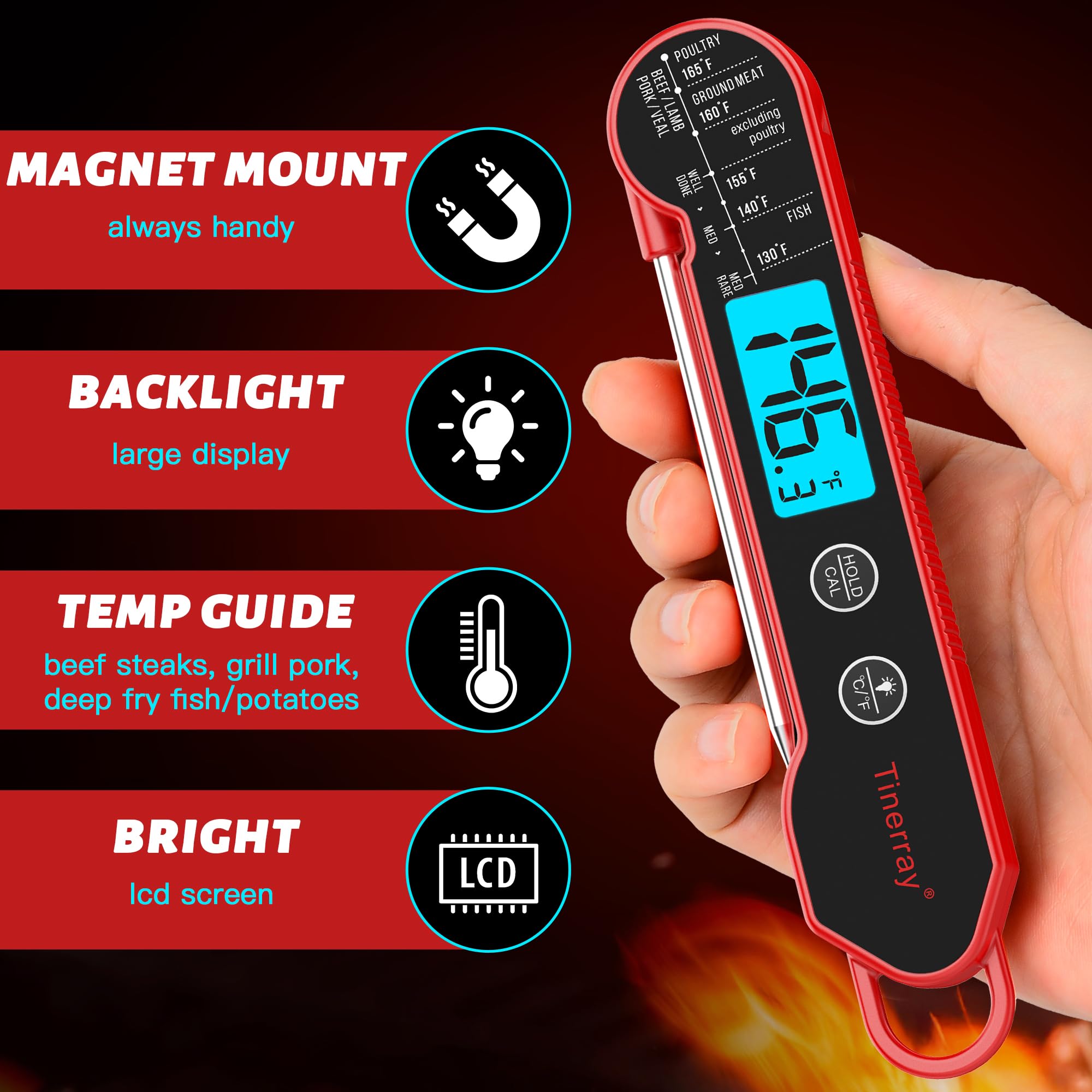 Tinerray red housing thermometer ready for grilling and outdoor use