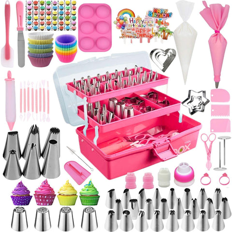 Tingjia cake decorating kit pink storage box open, showing organized tools for quick access